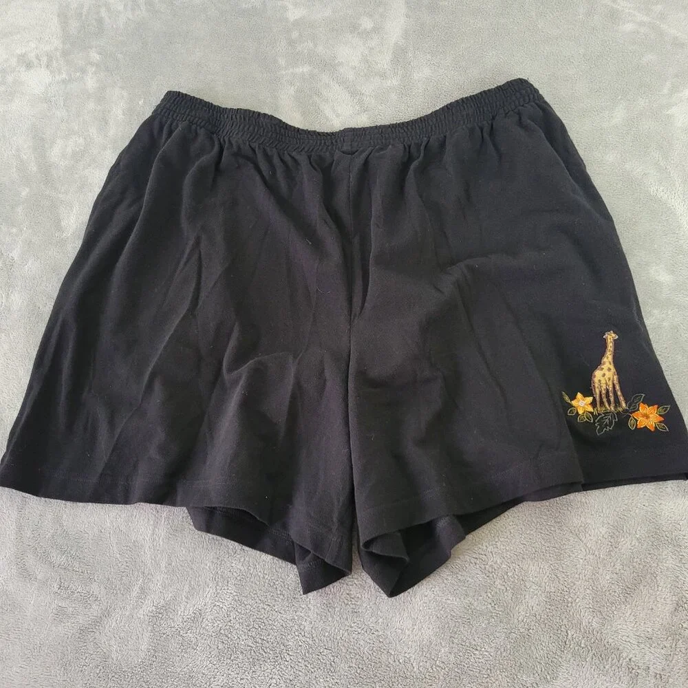 Victoria Jones Womens 2X Plus Black Cotton Shorts Giraffe Applique BLA154E